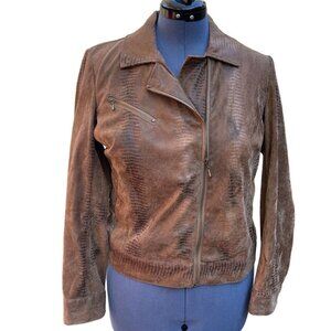 BIRCH HILL Snakeskin Moto Trucker Jacket Women Medium Brown Multi Faux‎ Suede